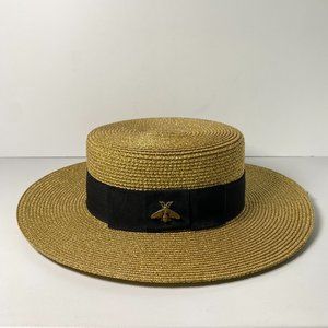 Gucci Girls Kids S Gold Bee Embellished Lame Metallic Straw Hat Black Ribbon